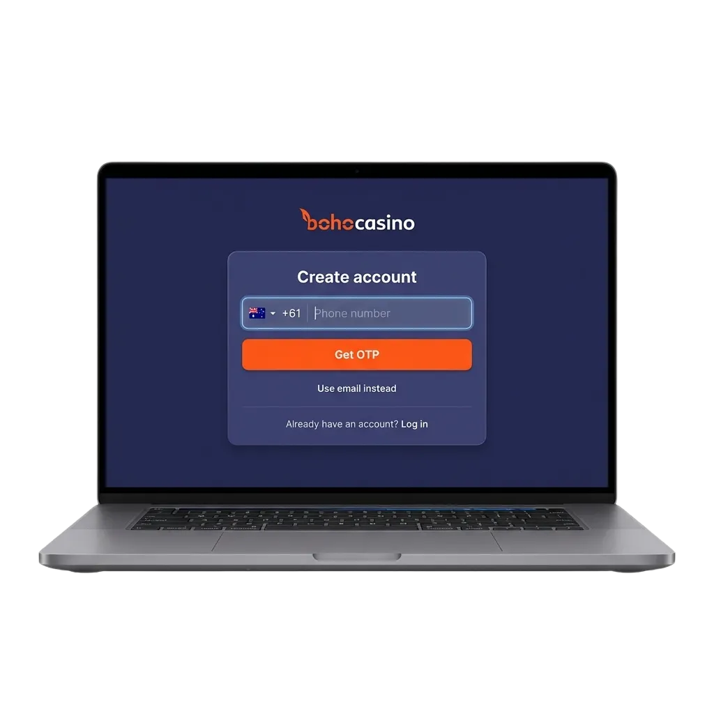 Illustration of Boho casino registration in Australia showing sign-up options, welcome bonus, and access to games