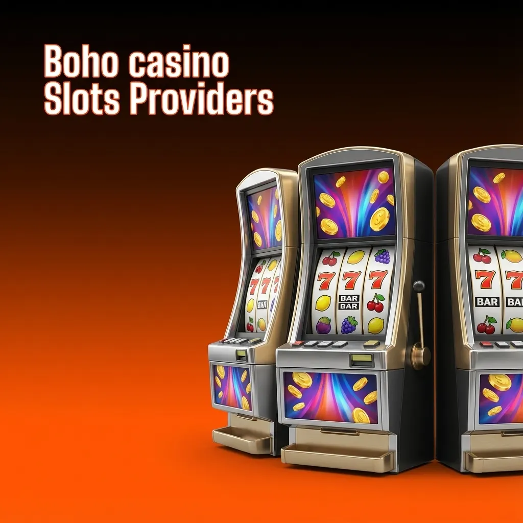Boho Casino slots lobby graphic highlighting logos of major software providers and variety of themed slot machines