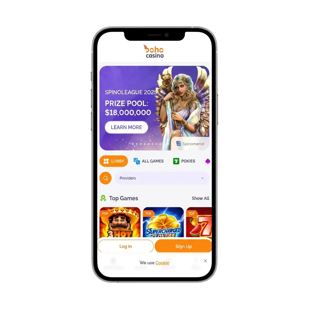 Boho Casino app promo showing AU$1,000 bonus offer, 225 free spins, Android/iOS download buttons, and payment method logos.