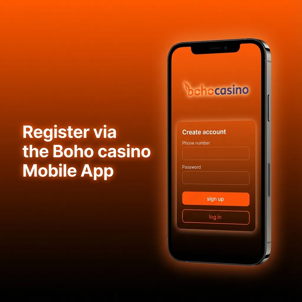 Illustration of Boho Casino mobile app with step-by-step registration screens on a smartphone for new users