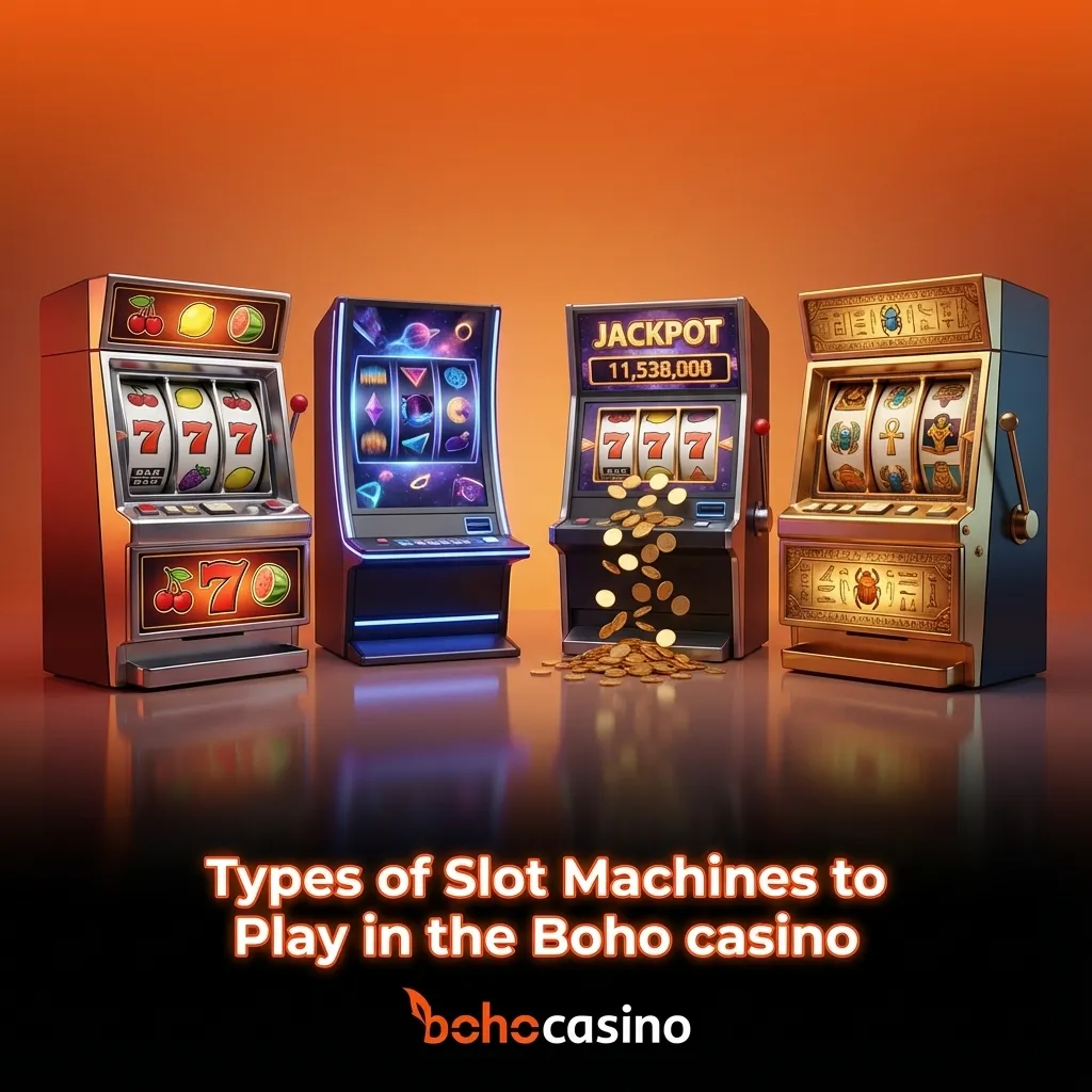 Boho casino lobby graphic showing icons for classic, video, megaways, jackpot, hold-and-win, bonus buy, and crash slots